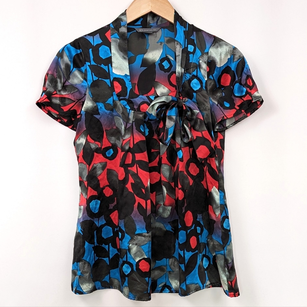 A/X Armani Exchange Silk Blouse Puff Sleeve Square Neck Bow Abstract Floral XS